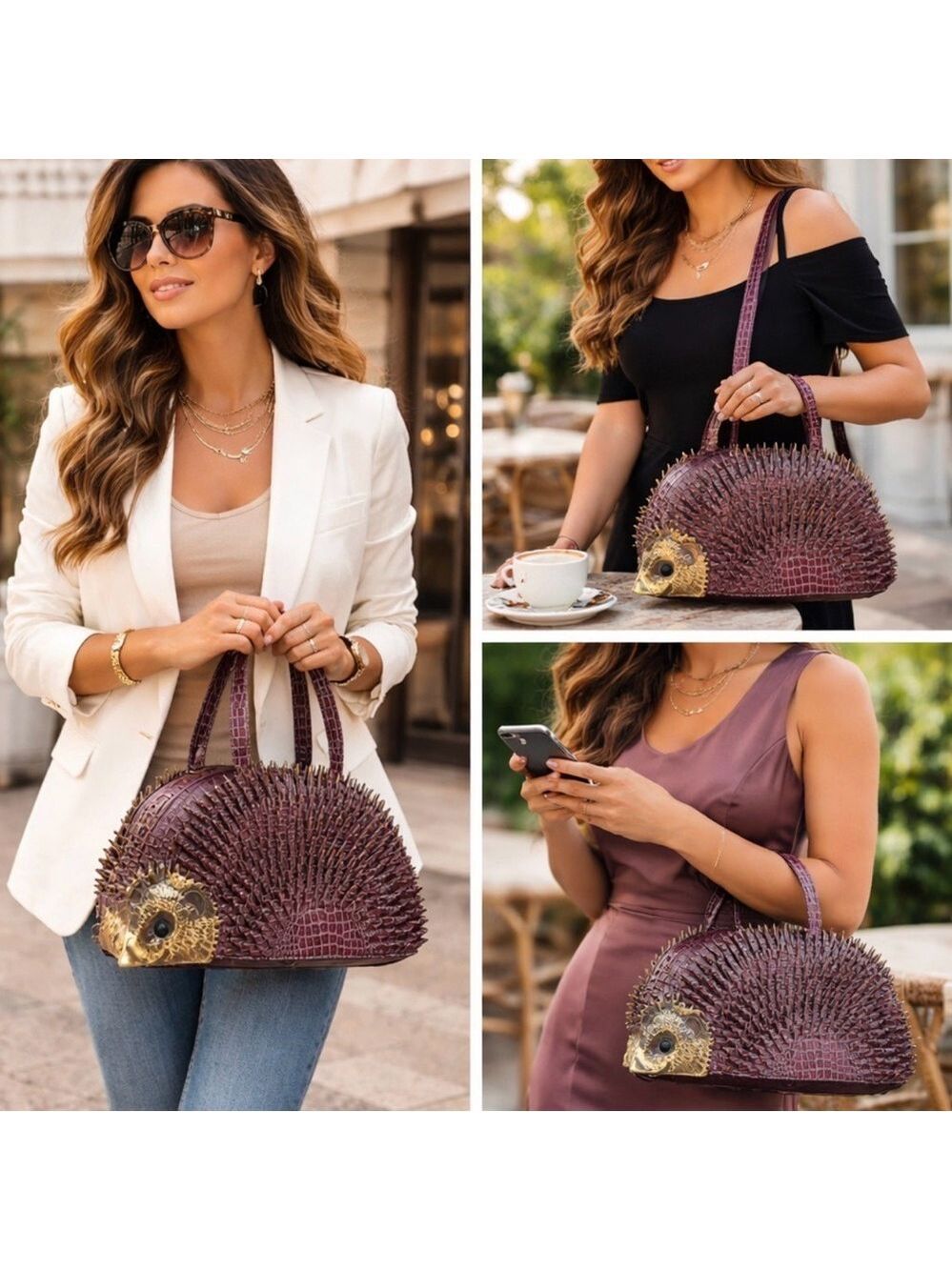 HEDGEHOG NOVELTY BAG PURPLE CROC EMBOSSED SATCHEL UNIQUE STATEMENT HANDBAG